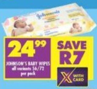 Shoprite Johnson's Baby Wipes all variants 56 / 72 per pack offer