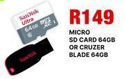 MRP Sandisk micro sd card 64gb or cruzer blade 64gb offer