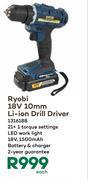 Ryobi 18v 10mm li-ion drill driver 1316188-each