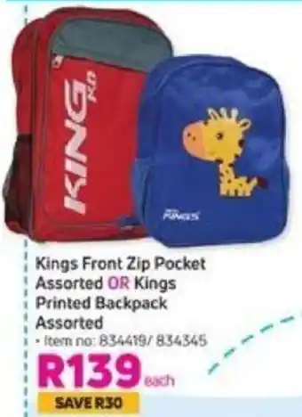 Game Kings Front Zip Pocket Assorted or Kings Printed Backpack Assorted offer