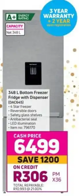 Game Bottom Freezer Fridge with Dispenser 348L offer