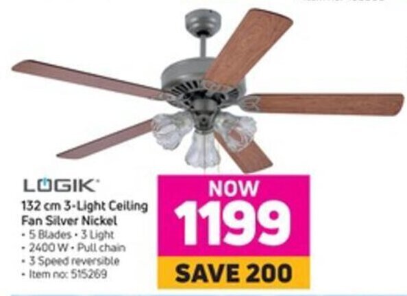 Logik 132cm 3-Light Ceiling Fan Silver Nickel offer at Game