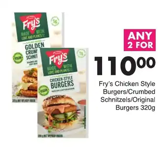 Save Fry's Chicken Style Burgers/Crumbed Schnitzels/Original Burgers 2 x 320g offer