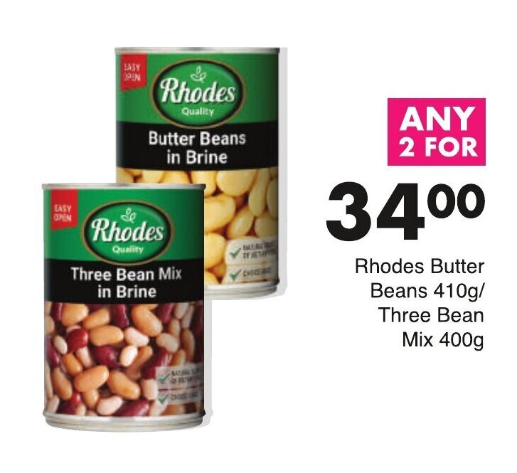Rhodes Butter Beans 410g / Three Bean Mix in Brine 2 x 400g offer at Save