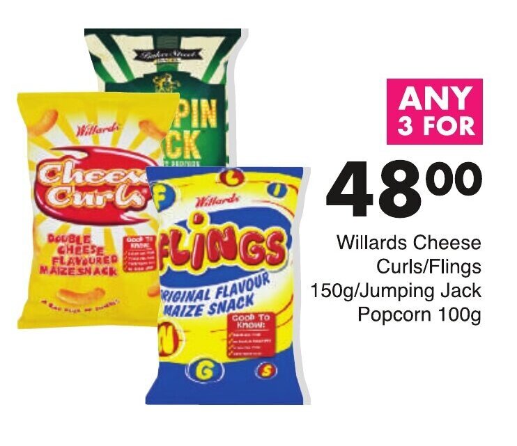 Willards Cheese Curls / Flings 150g / Jumping Jack Popcorn 100g any 3