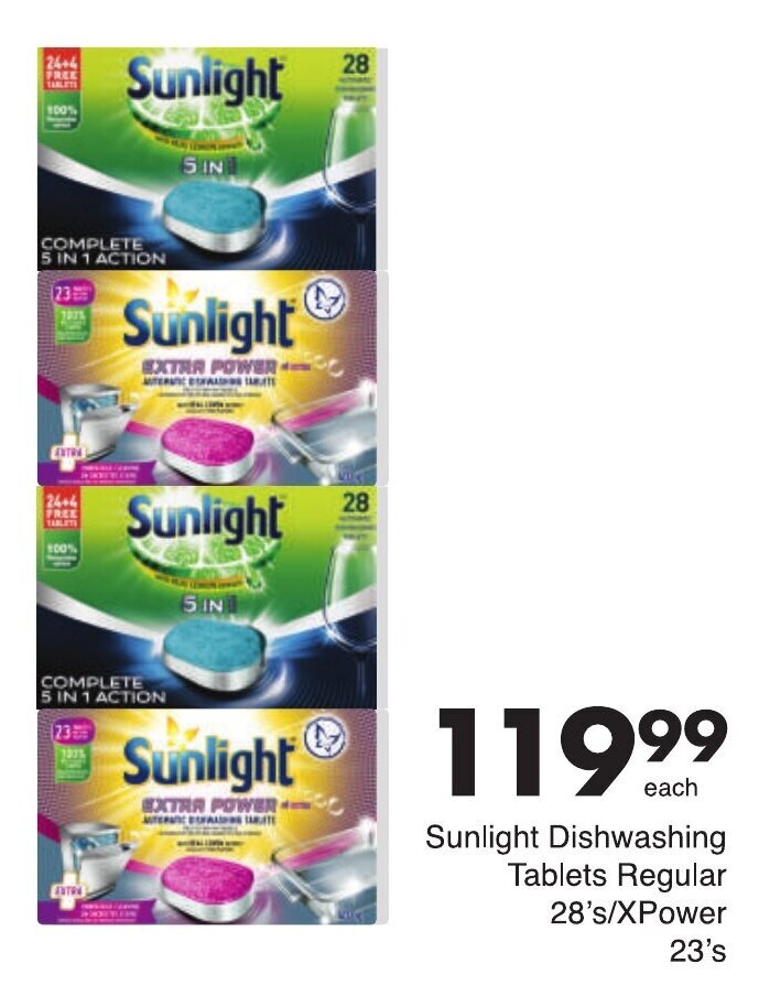 Sunlight Dishwashing Tablets Regular 28's / XPower 23's offer at Save