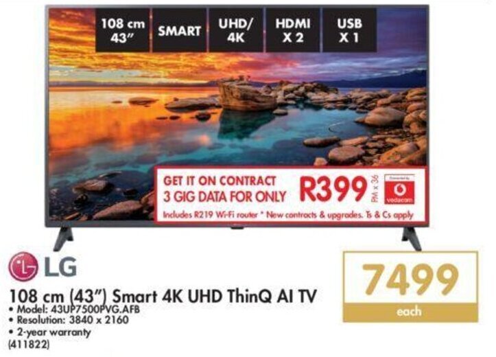LG 108cm (43") Smart 4K UHD ThinQ AI TV offer at Makro