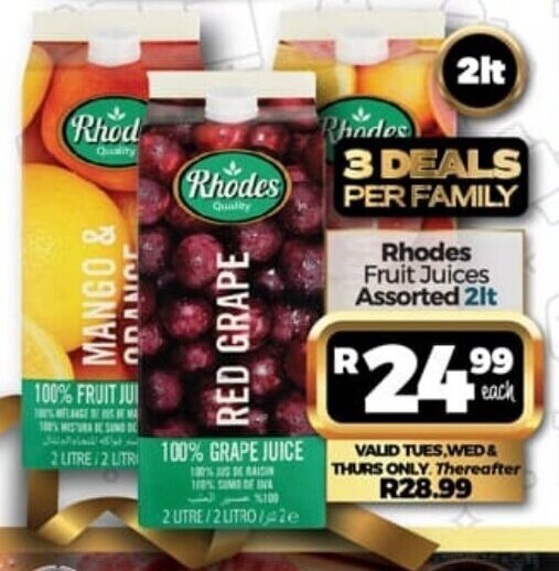 Rhodes Fruit Juices Assorted 2lt offer at Take 'n Pay
