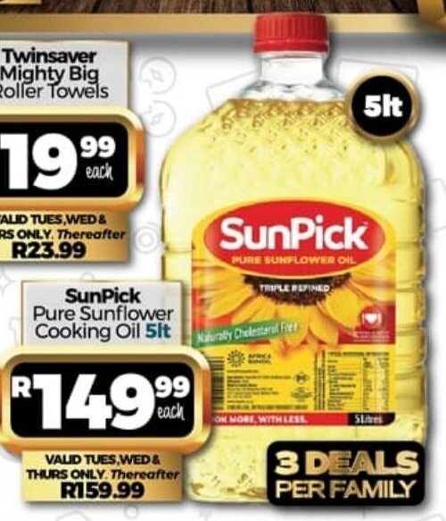 SunPick Pure Sunflower Cooking Oil 5lt offer at Take 'n Pay