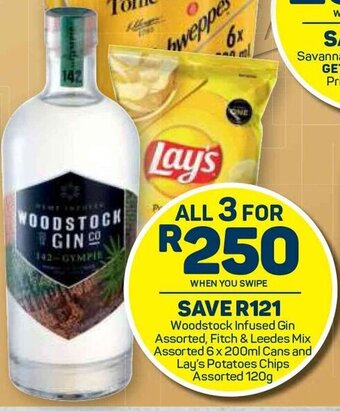 Pick n Pay Woodstock Infused Gin Assorted, FItch & Leedes Mix Assorted 6x200ml Cans and Lay's Potatoes Chips Assorted 120g offer