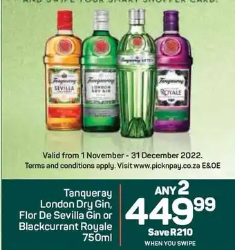 Pick n Pay Tanqueray London Dry Gin, Flor de Sevilla Gin or Blackcurrant Royale 750ml offer