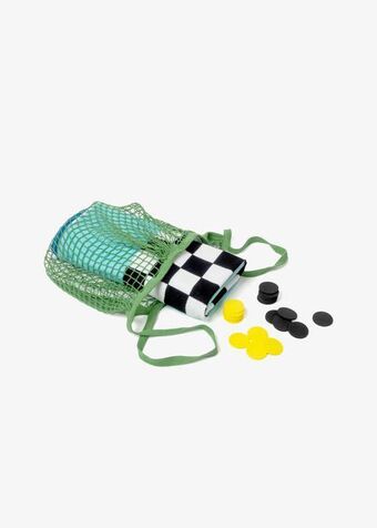 Checkers beach towel in bag