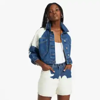 The FIX Women's dark wash fix(ed) paint splatter denim jacket offer