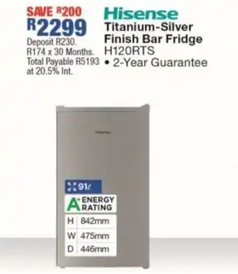 OK Furniture Hisense Titanium Silver Finish Bar Fridge H120RTS offer