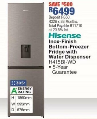 OK Furniture Hisense Inox-Finish Bottom- Freezer Fridge with Water Dispenser H415BI-WD offer