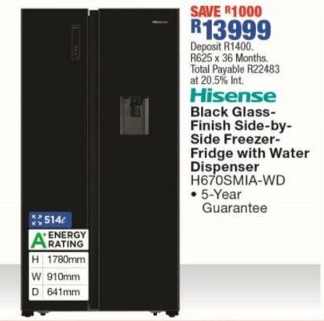 Hisense Black Glass Finish Side by Side Freezer Fridge with Water