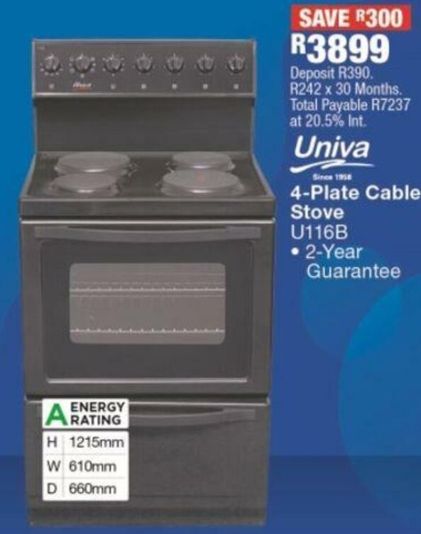 Univa 4 Plate Cable Stove U116B offer at OK Furniture