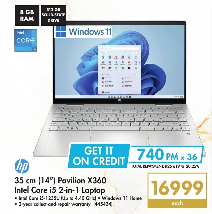 HP 35cm (14") Pavilion X360 Intel Core i5 2in1 Laptop offer at Makro