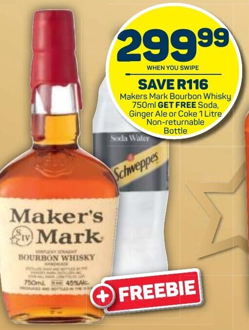 Makers Mark Bourbon Whisky 750ml Get Free Soda, Ginger ale or Coke 1