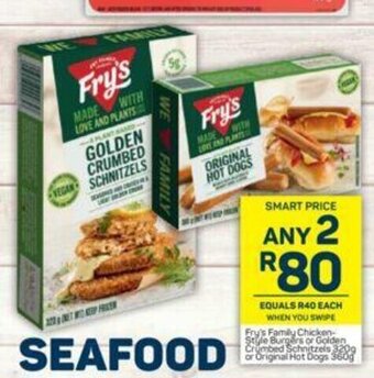 Pick n Pay Fry's Family Chicken Style Burgers or Golden Crumbed Schnitzels 320g or Original Hot Dogs 360g offer