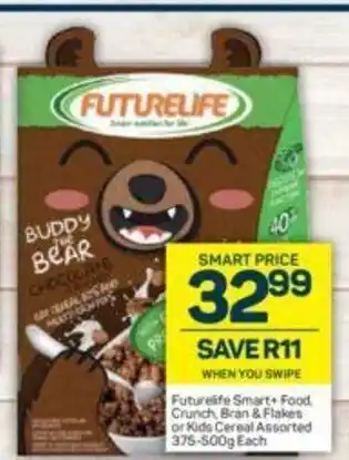 Pick n Pay Futurelife Smart+ Food Crunch, Bran & Flakes or Kids Cereal Assorted 375-500g offer