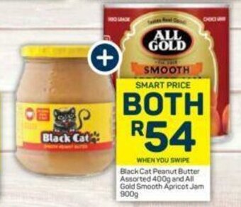 Pick n Pay Black Cat Peanut Butter Assorted 400g and All Gold Smooth Apricot Jam 900g offer