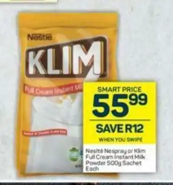 Pick n Pay Nestle Nespray or Klim Full Cream Instant Milk Powder 500g Sachet offer