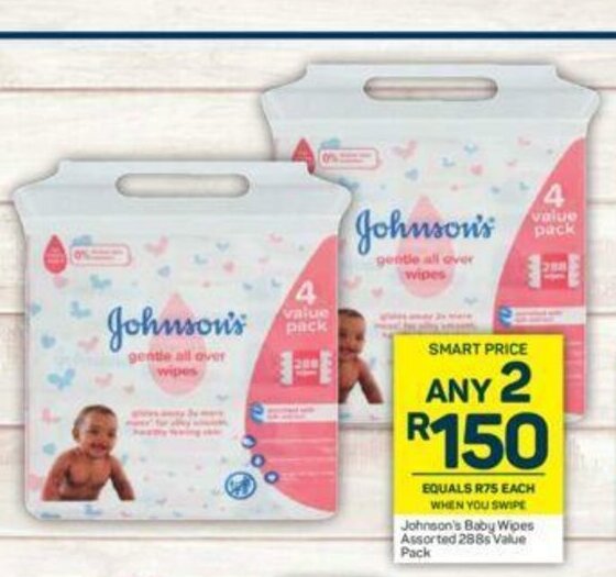 Johnson's Baby Wipes Assorted 288s Value Pack offer at Pick n Pay
