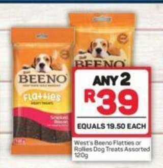 Pick n Pay West's Beeno Flatties or Rollies Dog Treats Assorted 120g offer