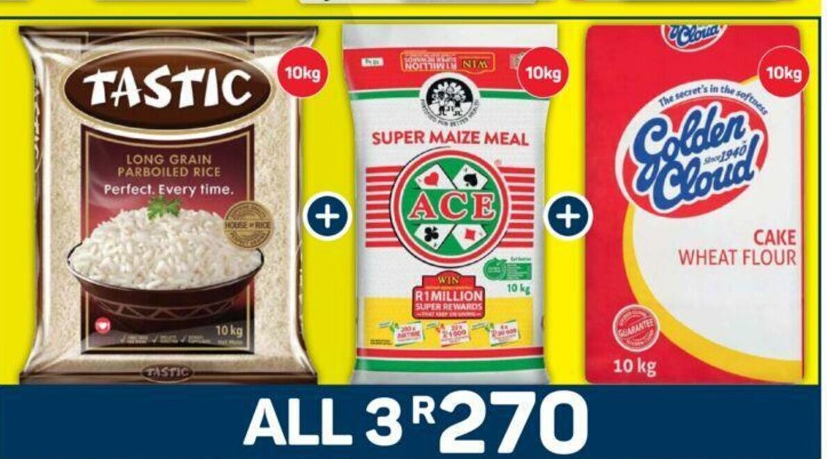 Tastic Long Grain Parboiled Rice 10kg + Ace Super Maize Meal 10kg