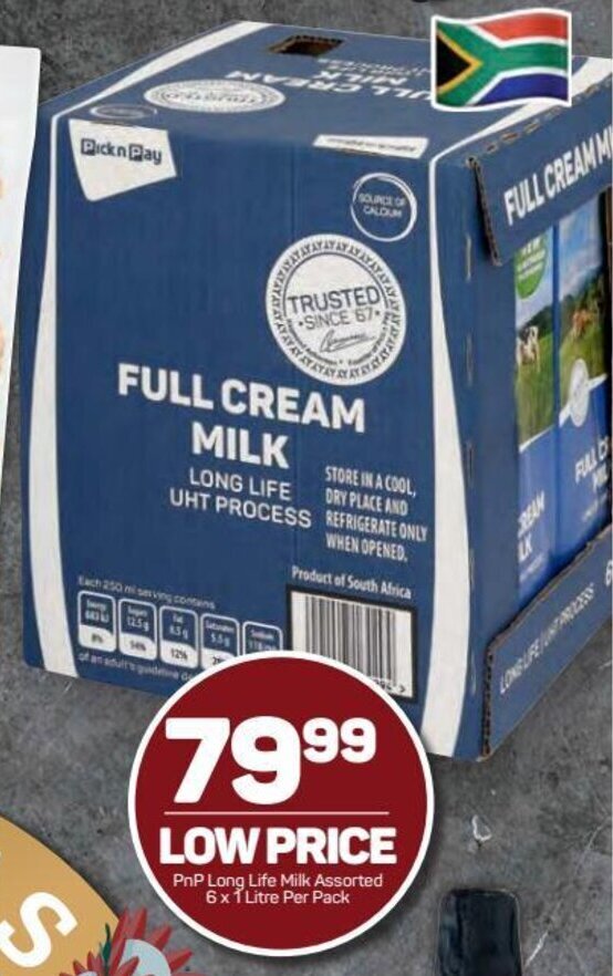 PnP Long Life Milk assorted 6 x 1 litre per pack offer at Pick n Pay