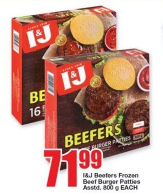 I&J Beefers Frozen Beef Burger Patties asstd. 800g offer at OK Foods