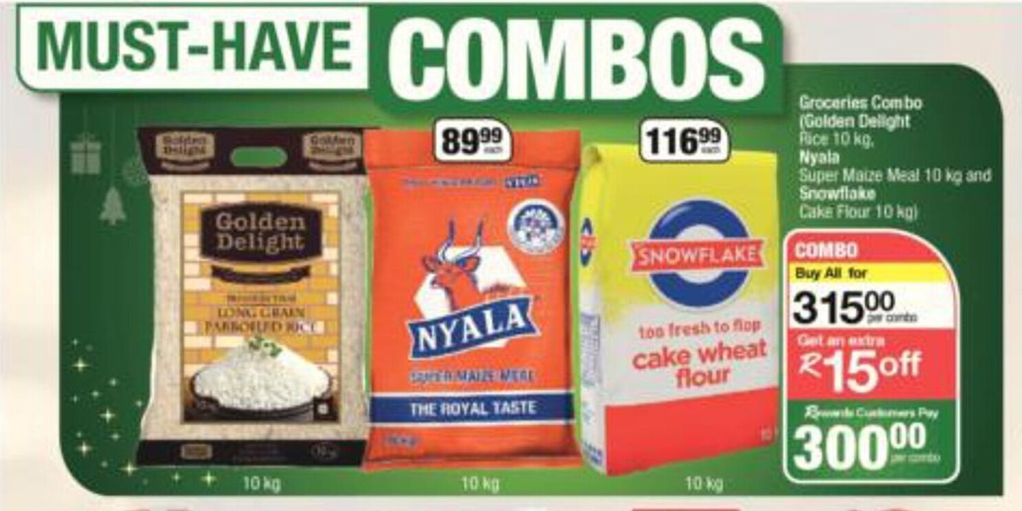 Groceries Combo Golden Delight Rice 10kg, Nyala Super Maize Meal 10kg