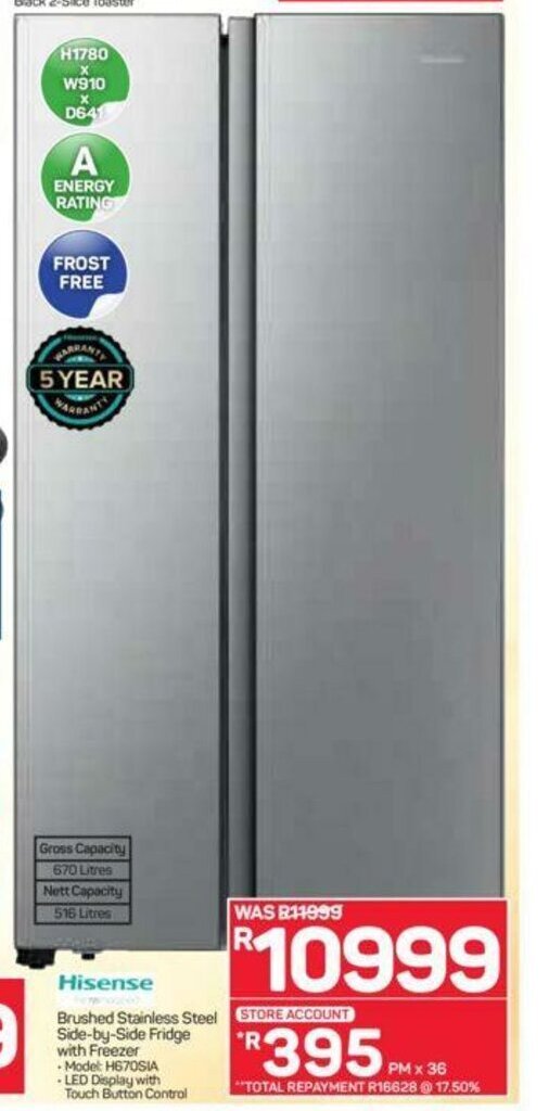 Hisense Brushed Stainless Steel SidebySide Fridge with Freezer