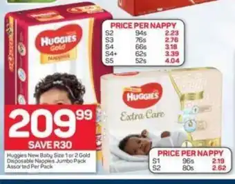 Pick n Pay Hypermarket Huggies New Baby Size 1 or 2 Gold Disposable Nappies Jumbo Pack Assorted Per Pack offer