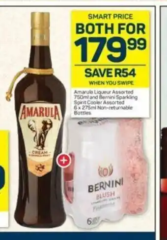 Pick n Pay Hypermarket Amarula Liqueur Assorted 750ml and Bernini Sparkling Spirit Cooler Assorted 6 x 275ml Non-Returnable Bottle offer