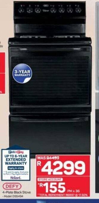 Pick n Pay Hypermarket DEFY - 4-Plate Black Stove offer