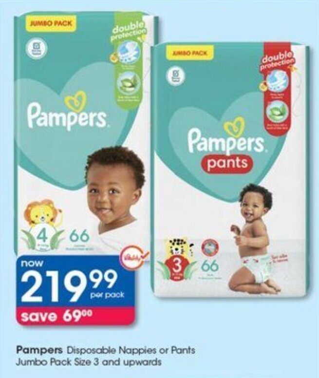 Pampers Disposable Nappies or Pants Jumbo Pack offer at Clicks