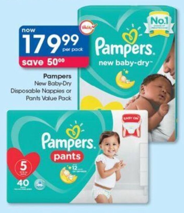 Pampers New BabyDry Disposable Nappies or Pants Value Pack offer at Clicks