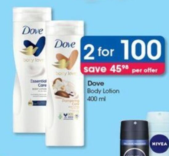 Dove Body Lotion 2 x 400ml offer at Clicks
