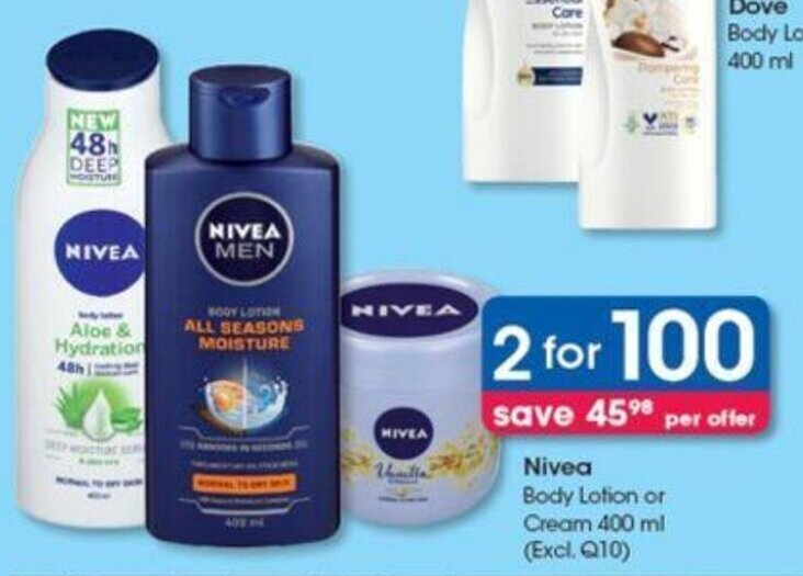 Nivea Body Lotion or Cream 2 x 400ml offer at Clicks