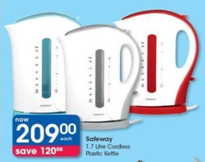 Safeway 1/7 litre Cordless Plastic Kettle offer at Clicks