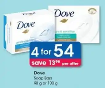 Clicks Dove Soap Bars 4 x 90g or 100g offer