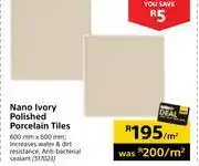 Nano ivory polished porcelain tiles-600mm x 600mm per sqm