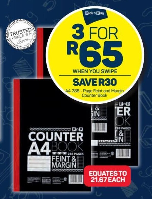 A4 288-Page Feint & Margin Counter Book 3 for offer at Pick n Pay