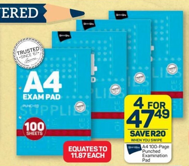 Pick n Pay A4 100Page Punched examination Pad 4 for offer at Pick n Pay