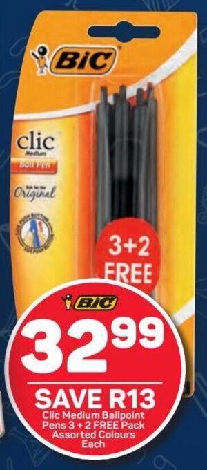 BIC Clic Medium Ballpoint Pens 3 + 2 FREE Pack Assorted Colours