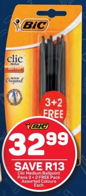 Pick n Pay BIC Clic Medium Ballpoint Pens 3 + 2 FREE Pack Assorted Colours offer