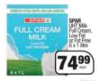 Spar Spar UHT Milk Full Cream, Low Fat or Fat Free 6 x 1 litre offer