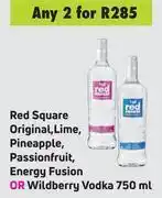 Game Red square original, lime, pineapple, passionfruit, energy fusion or wildberry vodka-for 2 x 750ml offer